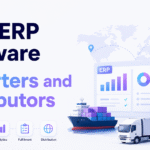 Best ERP software for importers and distributors banner with global shipping, warehouse shelving, containers, truck, ship, and ERP dashboard illustration.