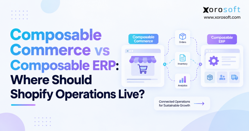 Visual comparing composable commerce and composable ERP, showing how Shopify orders, inventory, fulfillment, and operational systems connect.