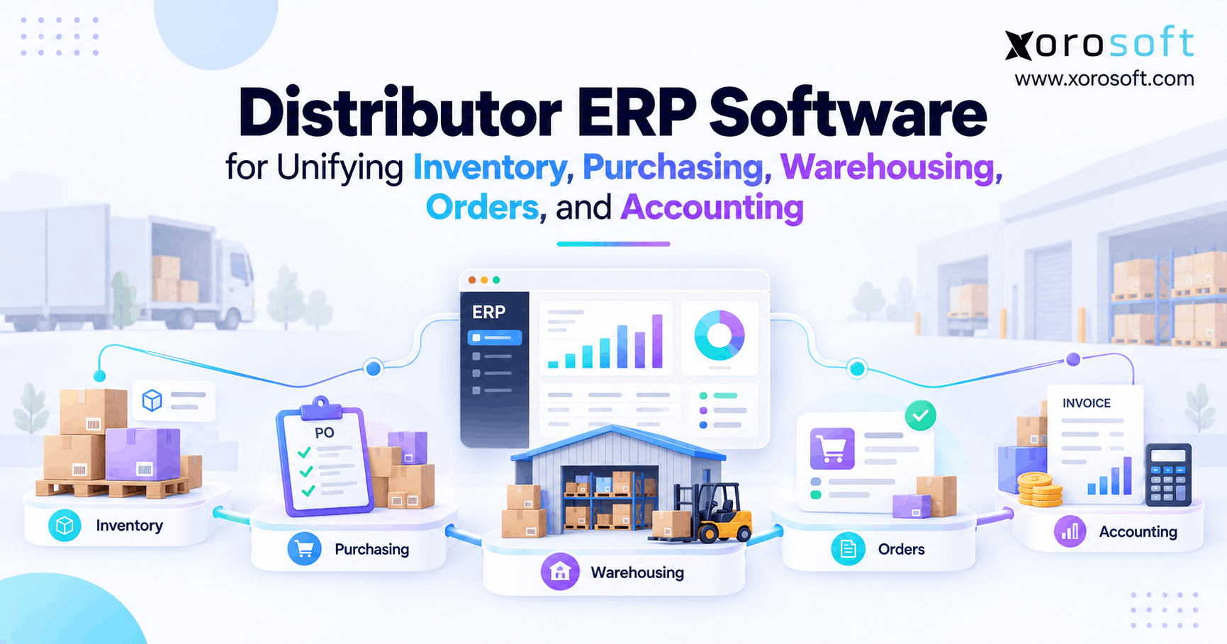 Distributor ERP software connecting inventory, purchasing, warehousing, orders, and accounting.