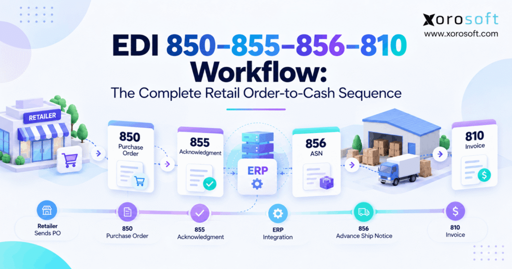 EDI order to cash workflow showing 850, 855, 856, and 810 retail transactions.