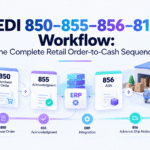 EDI order to cash workflow showing 850, 855, 856, and 810 retail transactions.