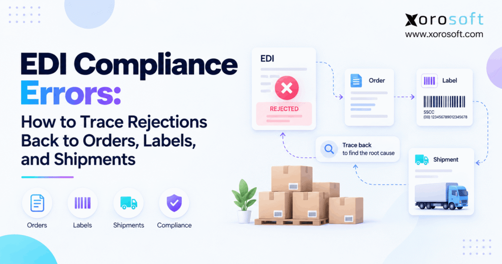 EDI compliance errors traced from retailer rejection to orders, shipping labels, warehouse activity, and final shipments.