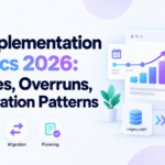 ERP implementation statistics 2026 blog banner with analytics charts, migration icons, and Xorosoft branding.