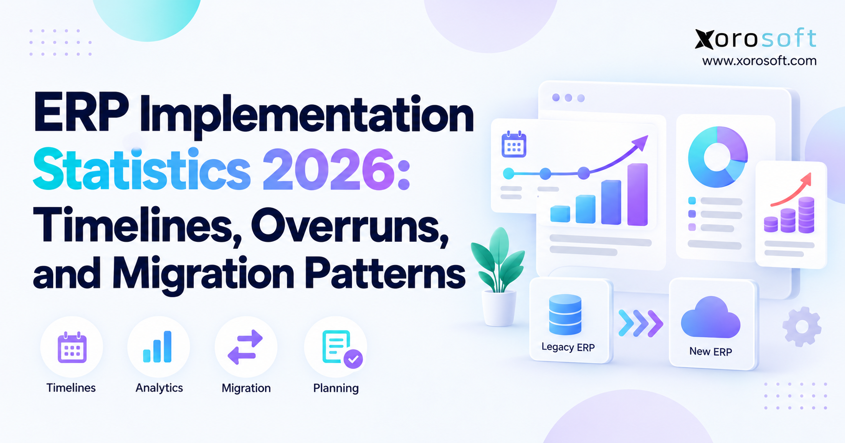 ERP implementation statistics 2026 blog banner with analytics charts, migration icons, and Xorosoft branding.