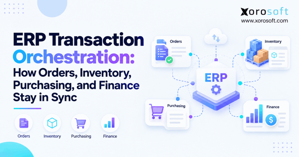 ERP transaction orchestration connecting orders, inventory, purchasing, and finance in one synchronized workflow.