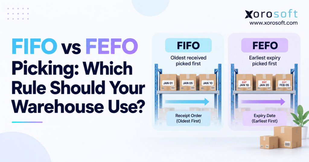 Minimalist blog banner for Xorosoft titled “FIFO vs FEFO Picking: Which Rule Should Your Warehouse Use?” showing a side-by-side warehouse comparison: FIFO labeled “Oldest received picked first” with boxes dated Jan 01, Jan 05, and Jan 10, and FEFO labeled “Earliest expiry picked first” with boxes marked Exp Jan 10, Exp Jan 20, and Exp Feb 05. Xorosoft logo and website appear in the top-right corner.