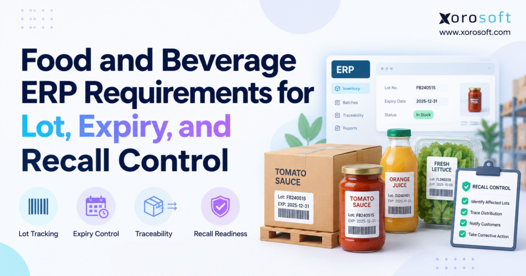 Food ERP traceability workflow showing lot tracking, expiration management, warehouse inventory, and recall controls.