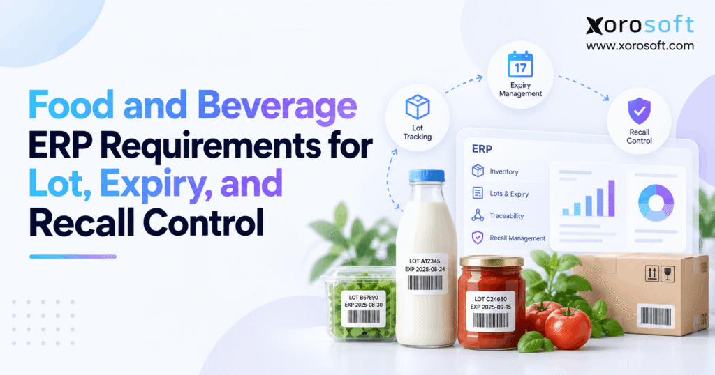 Food ERP graphic showing lot tracking, expiry management, and recall control.