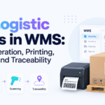Blog banner for GS1 logistic labels in WMS, showing a pallet box with an SSCC barcode label, a barcode scanner, a label printer, a WMS dashboard, process icons, and Xorosoft branding.