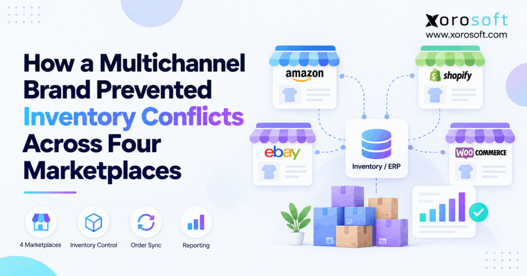 Cross-channel inventory management connecting four marketplaces to one centralized inventory system.