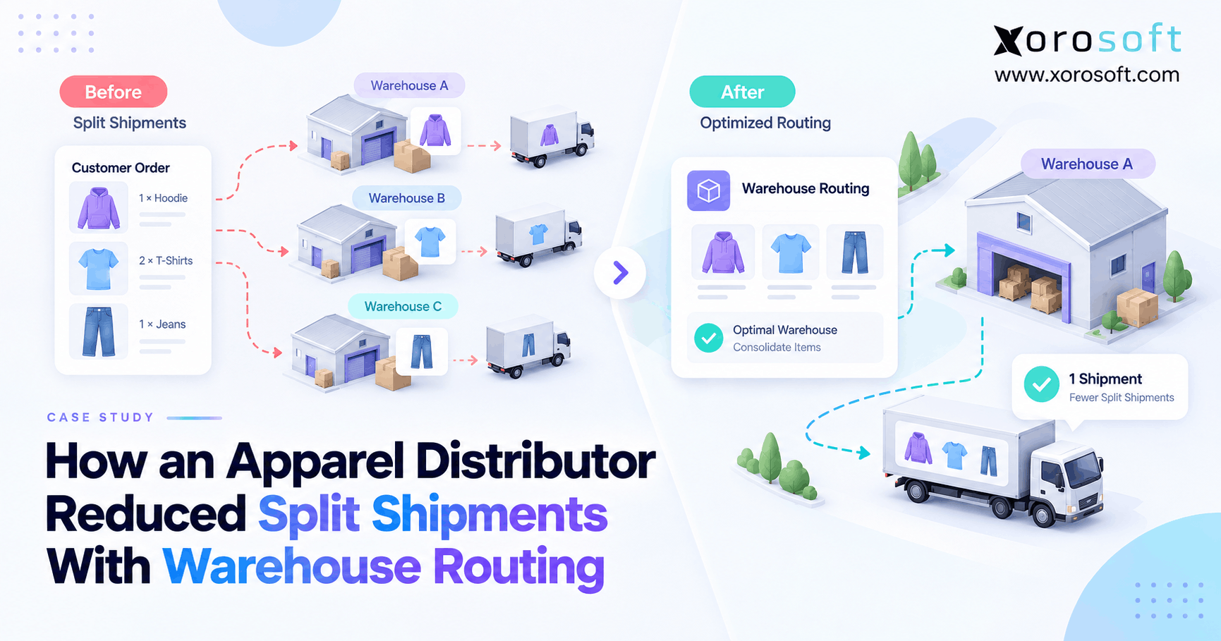 Apparel distributor using warehouse routing to reduce split shipments across multiple fulfillment locations.