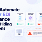 Minimalist blog banner for “How to Automate Retailer EDI Compliance Without Hiding Exceptions,” featuring a visual EDI workflow with Purchase Order, ASN, Invoice, and an exception review panel, plus Xorosoft logo and website URL.