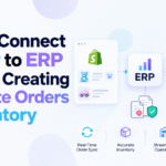 Minimalist blog banner for “How to Connect Shopify to ERP Without Creating Duplicate Orders or Inventory,” featuring Shopify-to-ERP workflow graphics, order and inventory icons, warehouse elements, and Xorosoft branding.