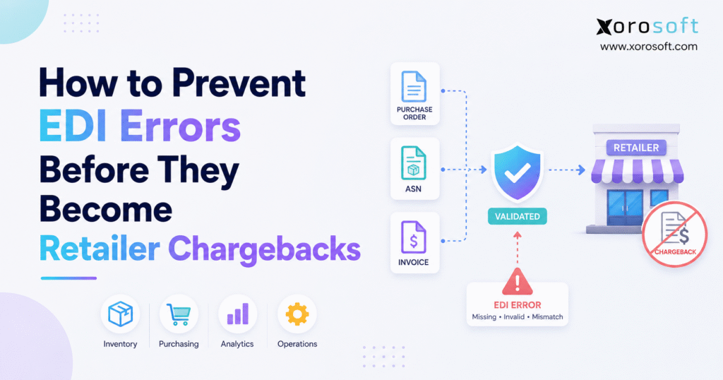 Minimalist blog banner showing the title “How to Prevent EDI Errors Before They Become Retailer Chargebacks” with illustrated purchase order, ASN, invoice, validation shield, retailer storefront, and Xorosoft branding.
