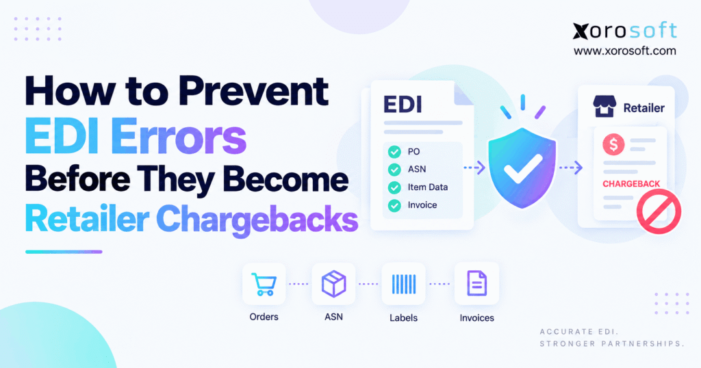 How to prevent EDI errors before they become retailer chargebacks blog banner with Xorosoft branding.