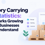 Minimalist blog banner titled “Inventory Carrying Cost Statistics: Benchmarks Growing Product Businesses Should Understand,” featuring stacked inventory boxes, a carrying cost chart, storage, handling, and insurance icons, plus the Xorosoft logo on a clean light background.