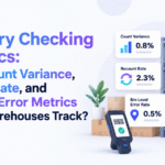 Minimalistic blog banner for “Inventory Checking Statistics” featuring warehouse shelving, barcode-labeled boxes and bins, a scanner and inventory checklist, plus KPI cards for count variance, recount rate, and bin-level error rate with Xorosoft branding.