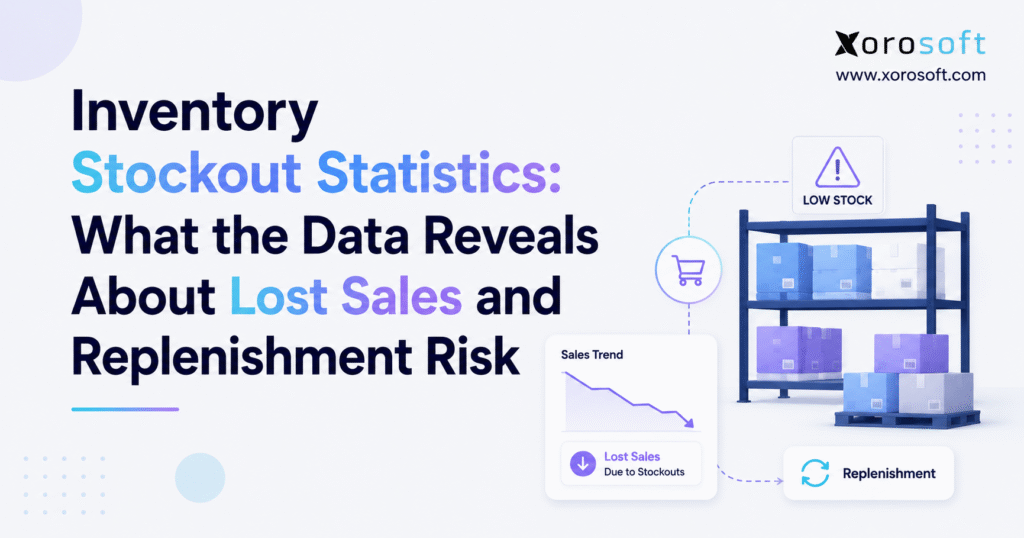 Minimalist blog banner for “Inventory Stockout Statistics: What the Data Reveals About Lost Sales and Replenishment Risk,” featuring Xorosoft branding, a low-stock warehouse shelf, a declining sales chart, and a replenishment icon.
