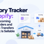 Illustration of a Shopify inventory tracker workflow showing purchase orders, incoming inventory, interlocation transfers, warehouse locations, and stock becoming available for sale, with Xorosoft branding.