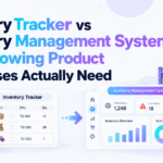 Blog banner comparing an inventory tracker and an inventory management system, with boxes, barcode scanning, a stock list, and a dashboard illustrating what growing product businesses need.