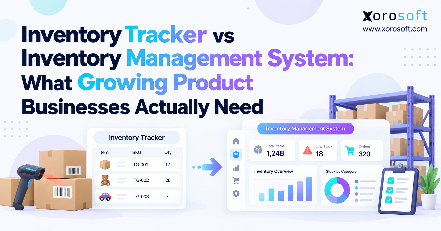 Blog banner comparing an inventory tracker and an inventory management system, with boxes, barcode scanning, a stock list, and a dashboard illustrating what growing product businesses need.