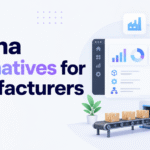 Katana alternatives for manufacturers blog banner with Xorosoft branding, ERP dashboard, conveyor belt, warehouse shelves, and packaged boxes.