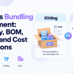 Minimalist blog banner comparing kitting vs bundling in fulfillment, highlighting inventory, BOM, picking, and cost implications, with side-by-side illustrations and Xorosoft branding.