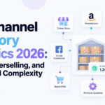 Multichannel inventory statistics graphic with connected sales channels, warehouse stock, and growth analytics.