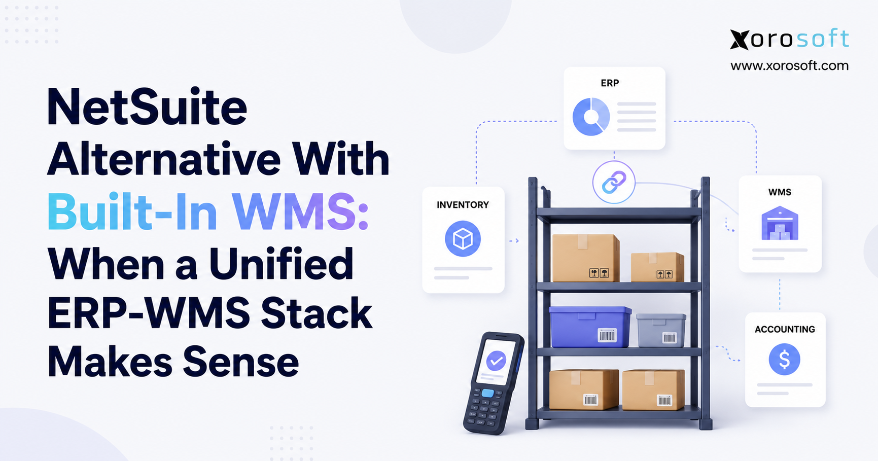 NetSuite Alternative With Built-In WMS When a Unified ERP-WMS Stack Makes Sense NetSuite alternative with built-in WMS showing a unified ERP-WMS stack connecting inventory, warehouse management, accounting, and ERP operations.