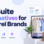 NetSuite Alternatives for Apparel Brands blog banner with apparel rack, folded clothing, boxes, ERP UI cards, and Xorosoft branding.