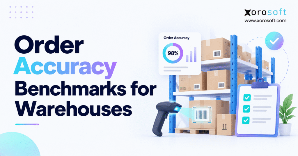 Order Accuracy Benchmarks for Warehouses graphic with barcode scanning, warehouse shelves, accuracy dashboard, and checklist.