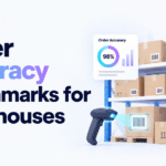 Order Accuracy Benchmarks for Warehouses graphic with barcode scanning, warehouse shelves, accuracy dashboard, and checklist.
