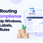 Minimalist Xorosoft blog banner showing the title “Retailer Routing Guide Compliance in ERP: Ship Windows, Carriers, Labels, and ASN Rules” beside an ERP dashboard illustration connected to ship windows, carriers, labels, and ASN workflow icons.