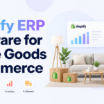 Minimalist blog banner for “Shopify ERP Software for Home Goods Ecommerce” featuring a modern living room setup, Shopify boxes, dashboard cards for orders and inventory, and Xorosoft branding.