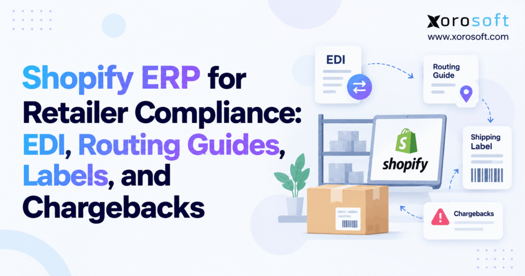 Shopify ERP for retailer compliance with EDI, routing guides, shipping labels, warehouse fulfillment, and chargeback management.