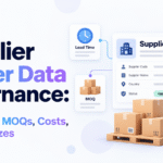 Supplier master data governance blog banner showing lead times, MOQs, costs, and pack sizes with supplier dashboard cards, connected icons, and shipping boxes on a pallet.