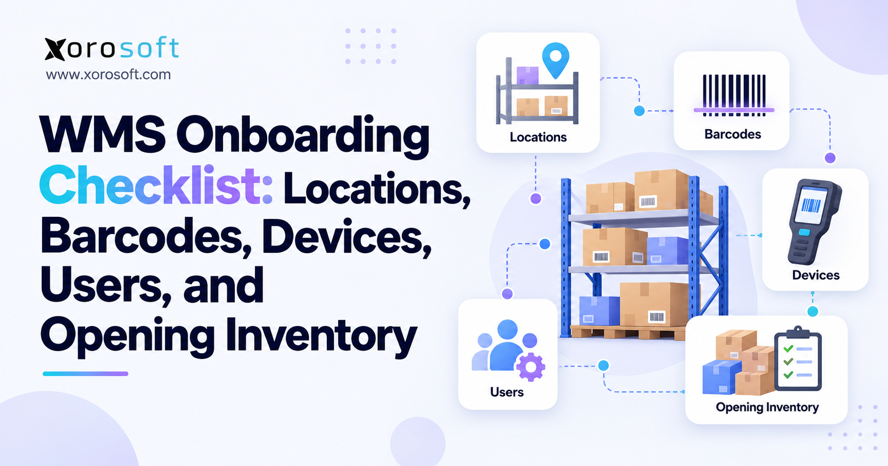 WMS Onboarding Checklist Locations, Barcodes, Devices, Users, and Opening Inventory WMS onboarding checklist with warehouse locations, barcodes, devices, users, and opening inventory.