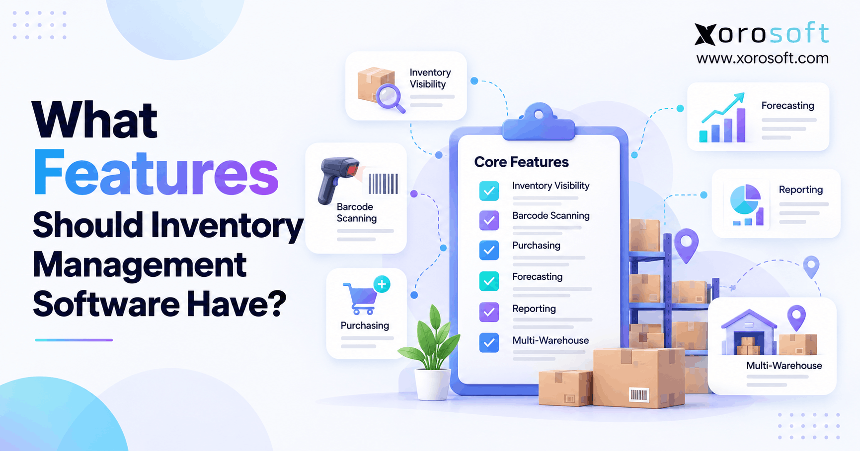Inventory management software features for real-time stock tracking, barcode scanning, purchasing, forecasting, and reporting.