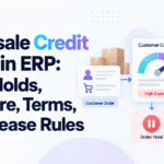 Wholesale credit limits in ERP blog banner showing customer order flow, credit exposure gauge, payment terms, order hold, and release rules with Xorosoft branding.