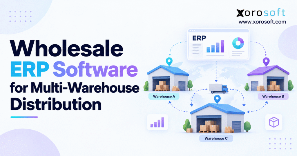 Minimalist blog banner for “Wholesale ERP Software for Multi-Warehouse Distribution,” featuring the Xorosoft logo, an ERP dashboard, and three connected warehouses labeled A, B, and C with arrows showing inventory and distribution flow.