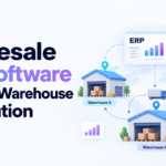 Minimalist blog banner for “Wholesale ERP Software for Multi-Warehouse Distribution,” featuring the Xorosoft logo, an ERP dashboard, and three connected warehouses labeled A, B, and C with arrows showing inventory and distribution flow.