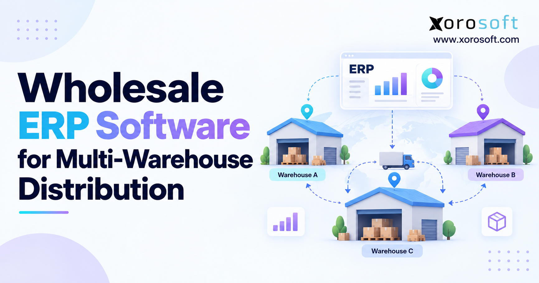 Minimalist blog banner for “Wholesale ERP Software for Multi-Warehouse Distribution,” featuring the Xorosoft logo, an ERP dashboard, and three connected warehouses labeled A, B, and C with arrows showing inventory and distribution flow.