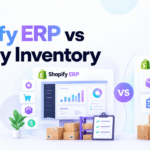Minimal blog header for Shopify ERP vs Shopify Inventory Apps featuring Xorosoft logo, ERP dashboard illustration, inventory app icons, warehouse boxes, and a central VS graphic.