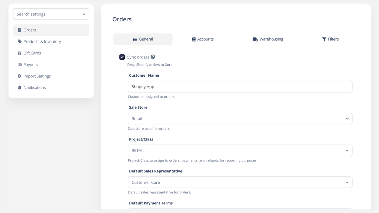 Orders sync setting enlarged from actual product screenshot