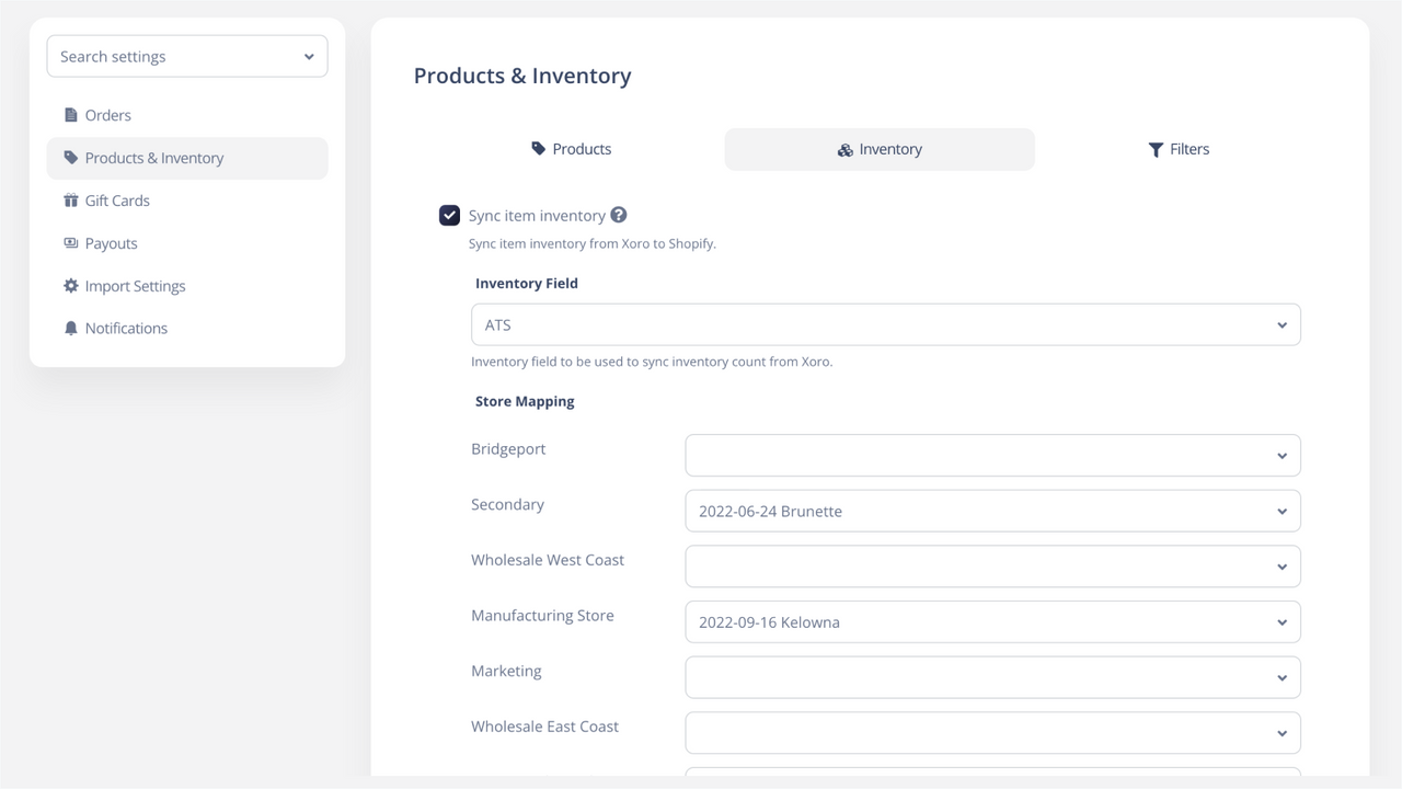 Inventory sync setting enlarged from actual product screenshot
