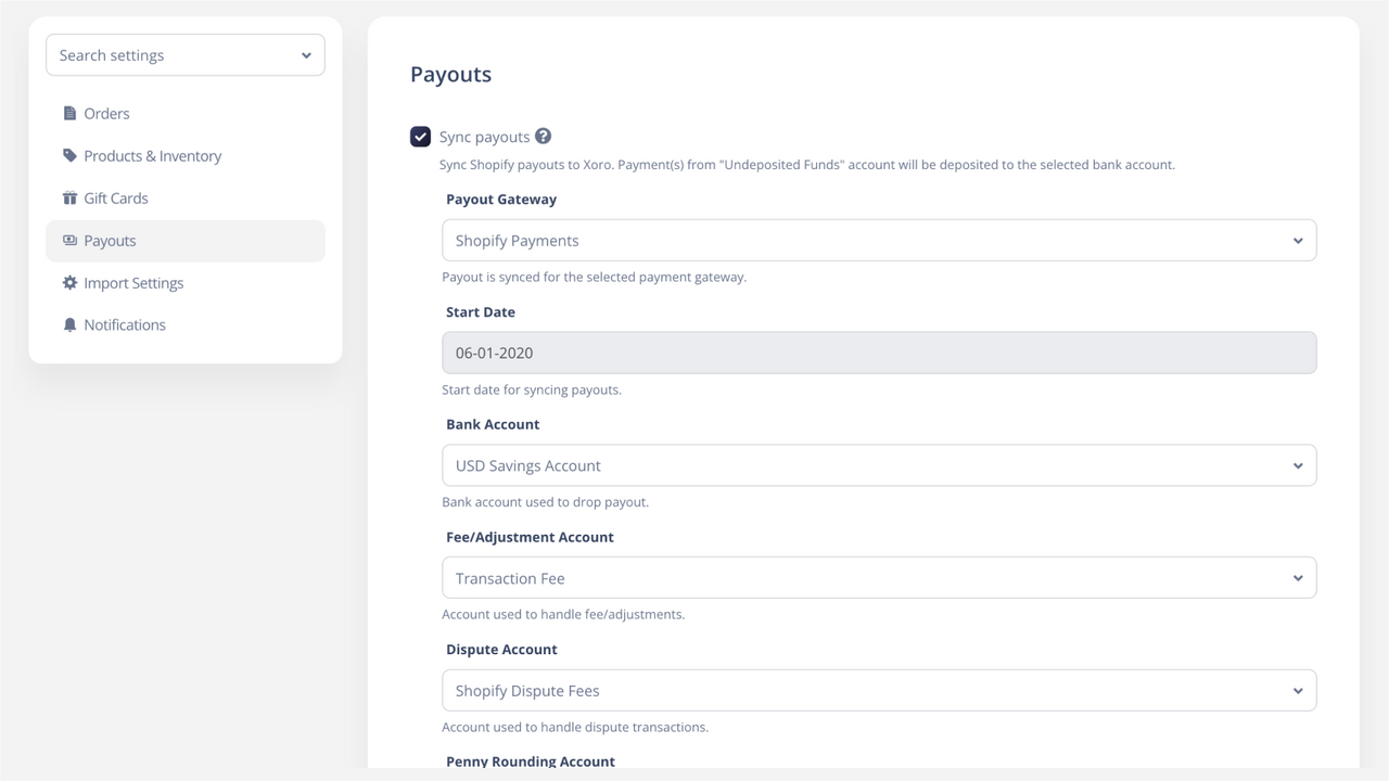 Payout sync setting enlarged from actual product screenshot