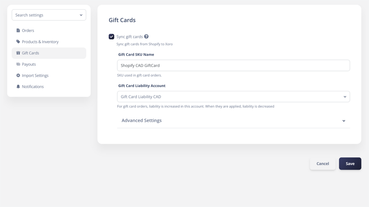 Xoro: gift cards sync with liability account tracking