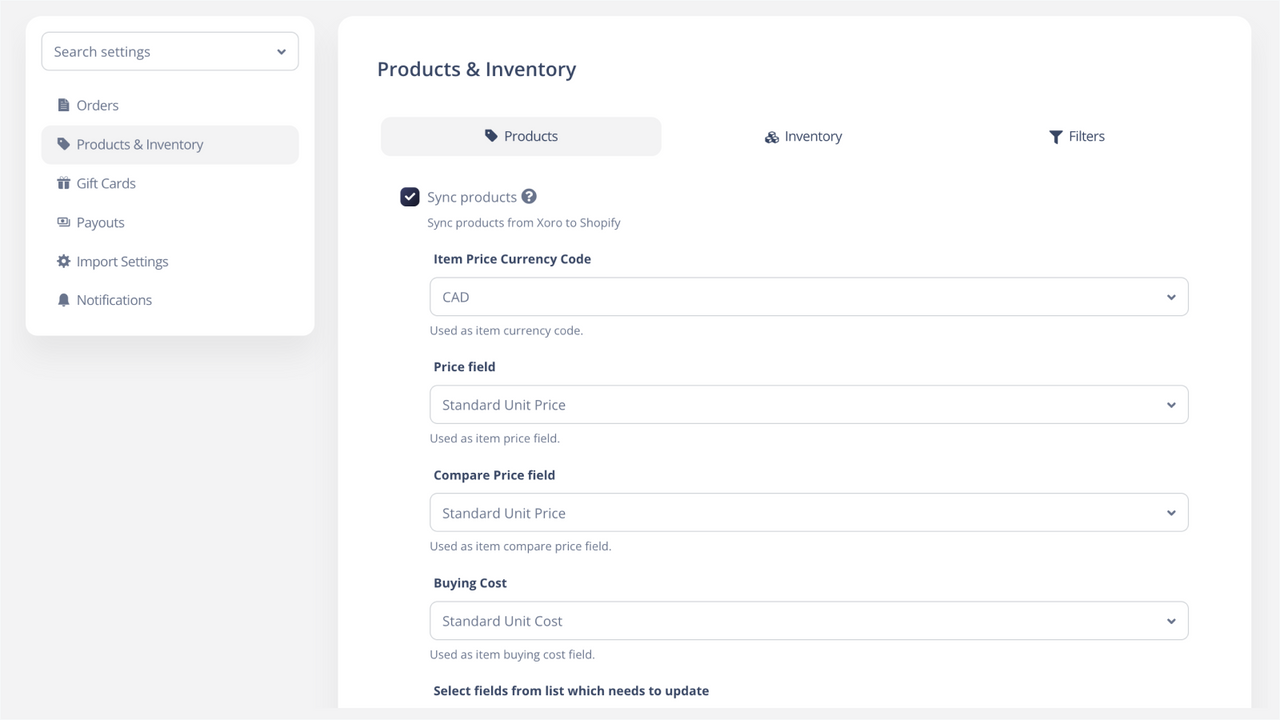 Xoro: product sync with price and cost field mapping
