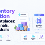 AI inventory allocation for marketplaces showing ERP-connected inventory distribution across Shopify, Amazon, eBay, and Walmart.
