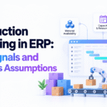 AI production scheduling in ERP showing work orders, material availability, and machine capacity planning.